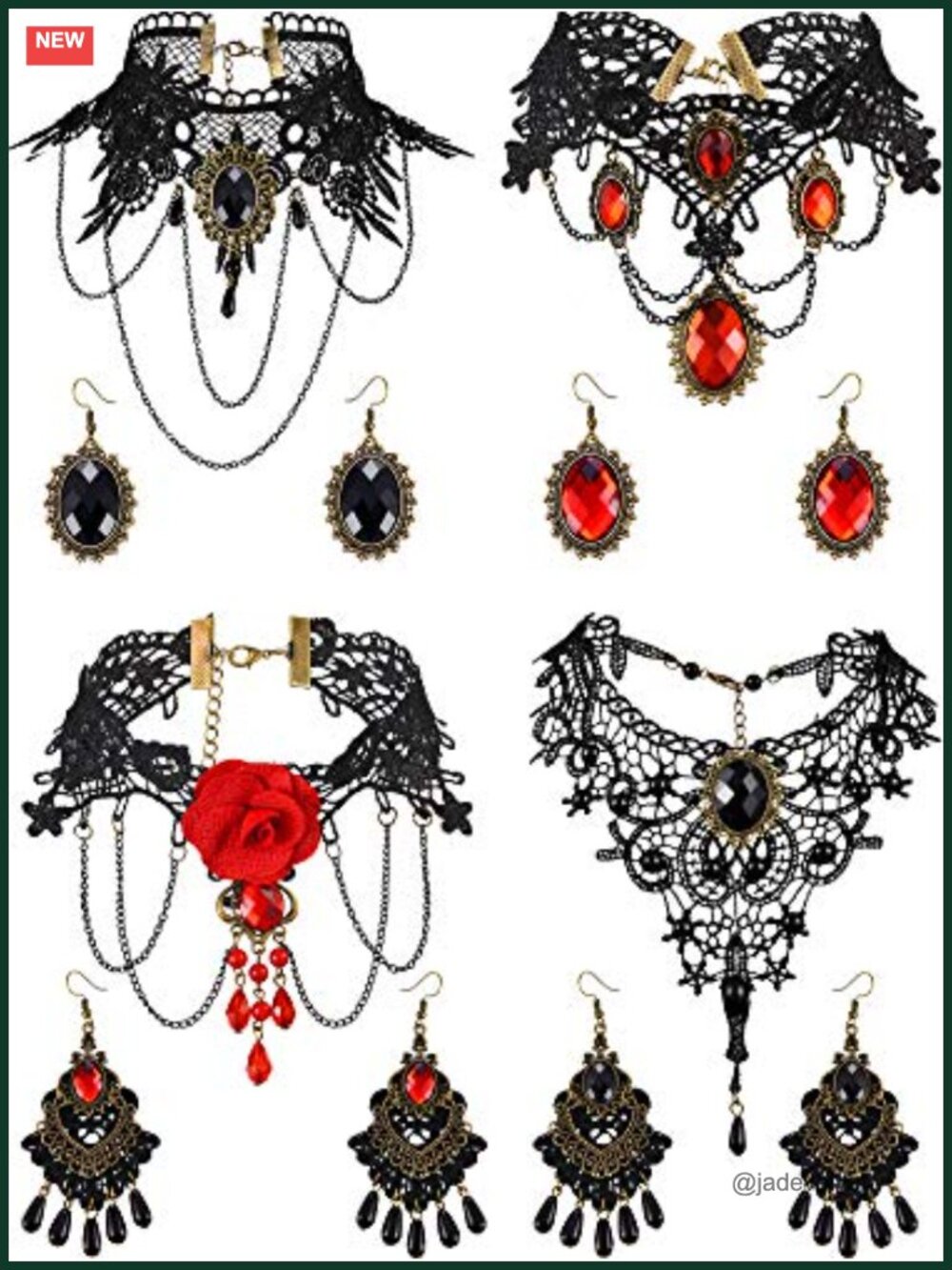 Lace Choker Earrings Set Rhinestone Gothic Halloween Jewelry 8 Pc